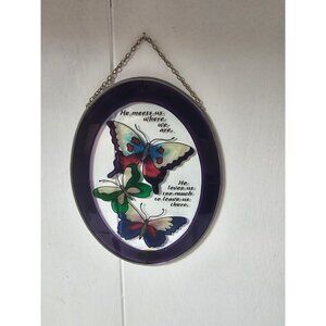 Vintage Stained Glass Butterflies Oval Sun Catcher Joan Baker Handpainted